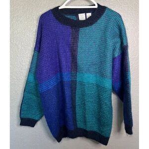Vintage Kristin Page Knit Sweater Sz‎ L Wool Blend Teal Blue Soft Grandmacore